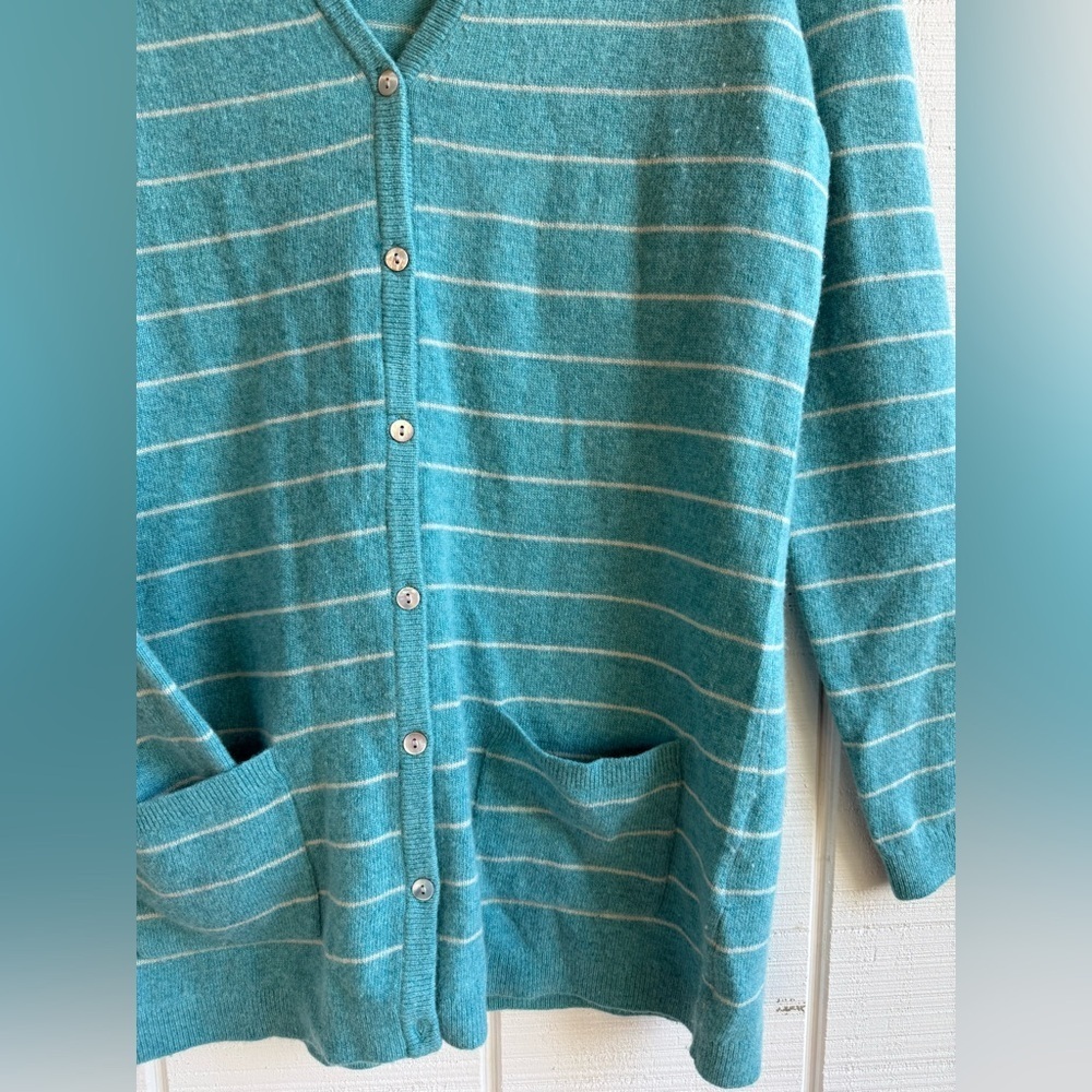 Lands' End Teal and White Wool Blend Striped V Neck Cardigan - Picture 4 of 6